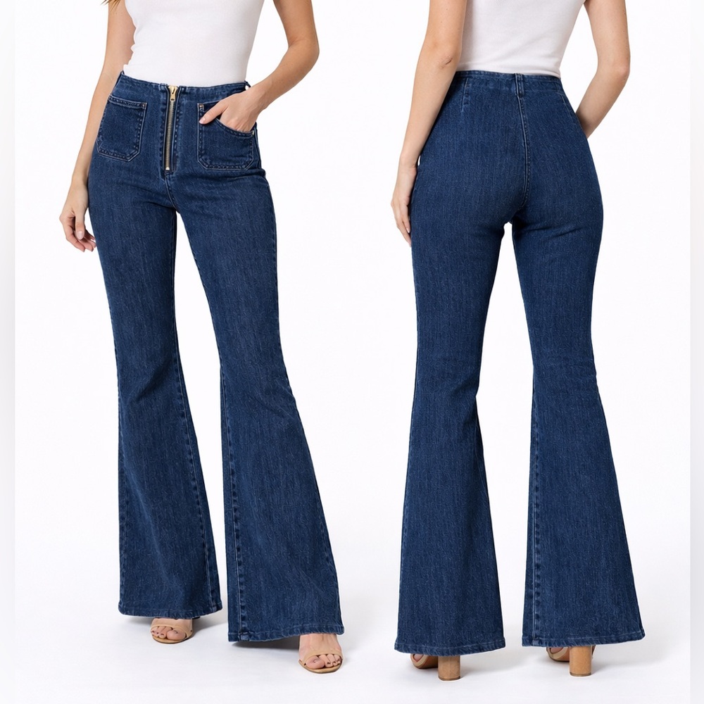 Honey Punch Dark Wash Flare Jeans Front Zipper Large Bell bottom hippie chic